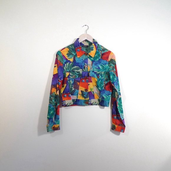 Vintage Jackets & Blazers - Tropical Vacation Print Cropped Cotton Jacket